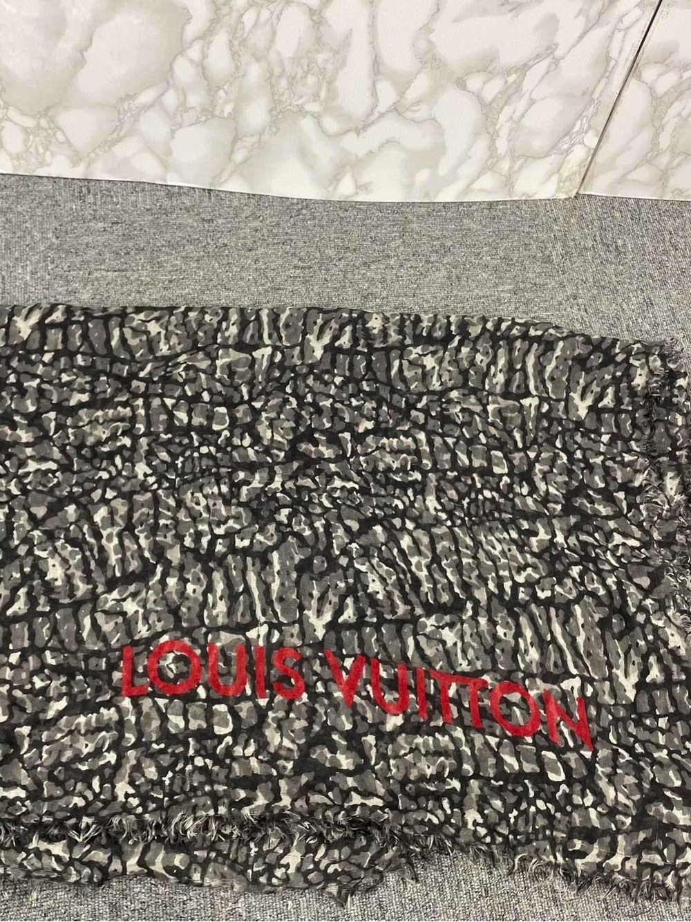 Louis Vuitton Gray & Black Patterned Scarf with Red Logo Embroidery